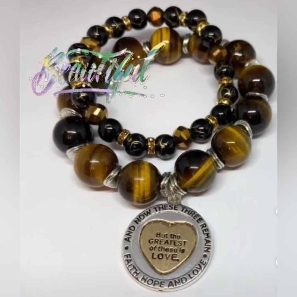 NWT “but the Greatest of ALL” 1st Corinthians 13:13 10mm Tiger Eye 2PC Bracelets - Picture 8 of 8